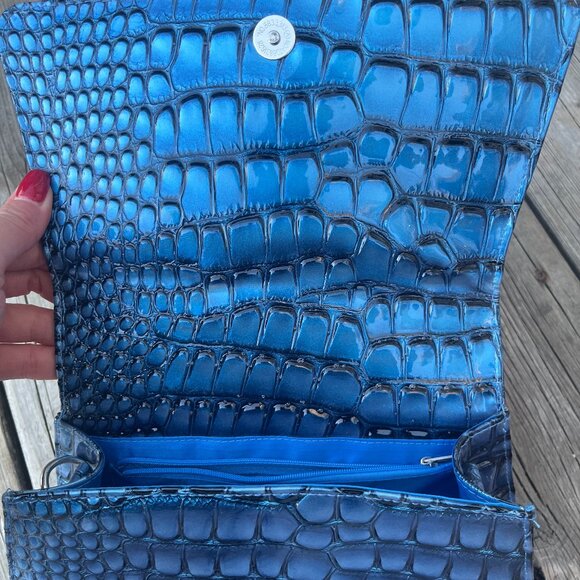 Vintage Blue Croc Embossed Handbag Structured Top Handle Retro Statement - Picture 4 of 5